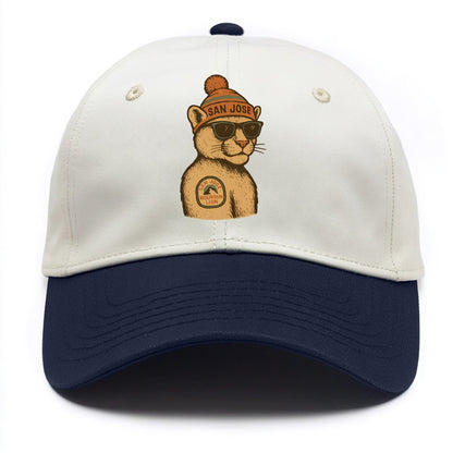 San Jose Mountain Lion wearing San Jose beanie with pom pom and wayfarer sunglasses - Two Tone Cap - Navy