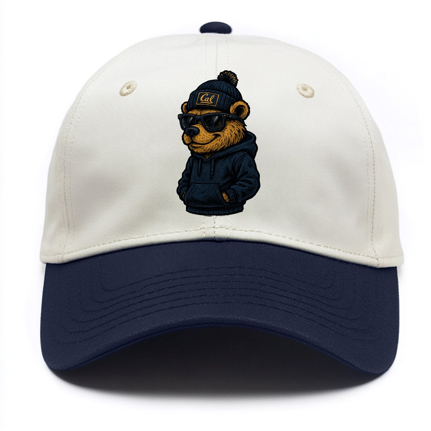 Berkeley Bear wearing Cal beanie with script patch - Two Tone Cap - Navy