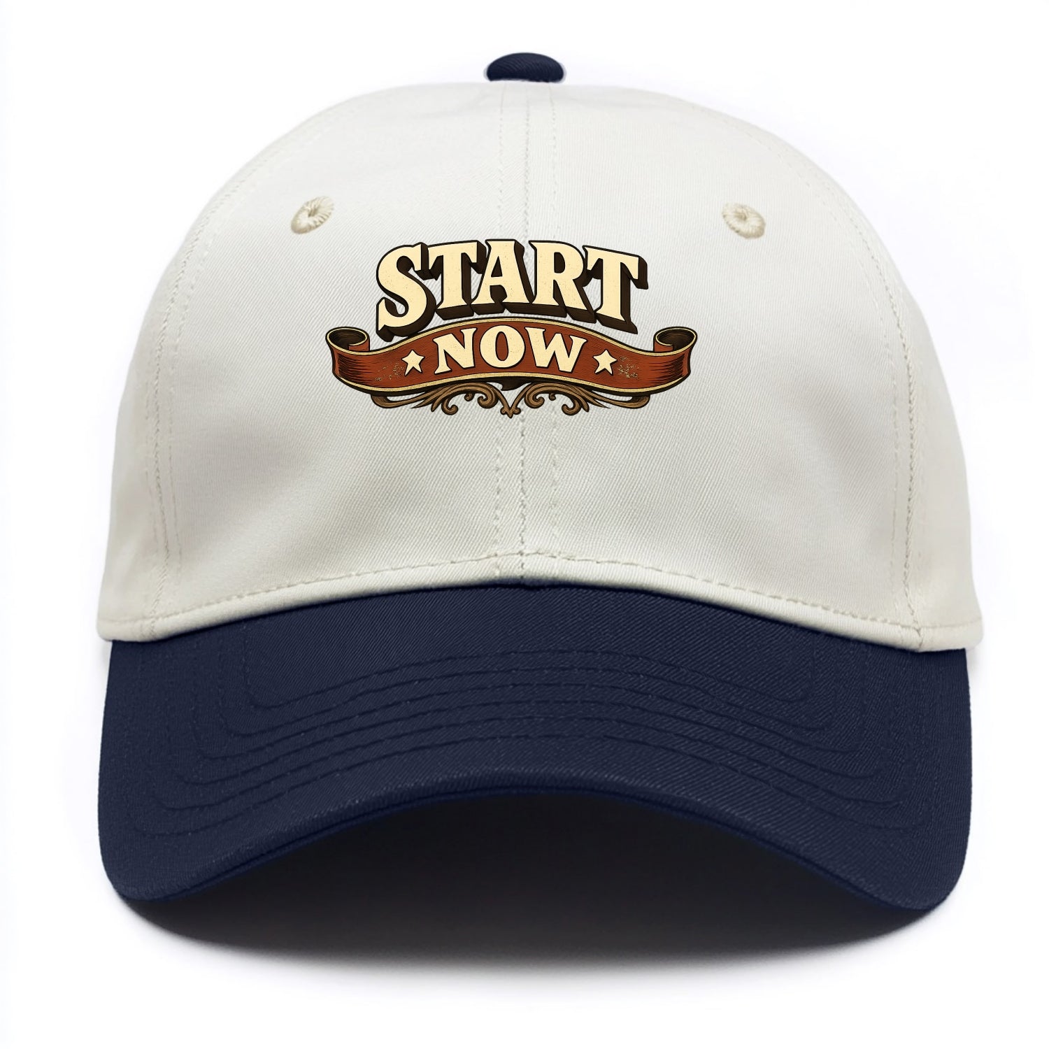 Bold typography design - "START NOW" - begin immediately, no delay - Two Tone Cap - Navy
