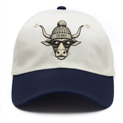 Fort Worth Longhorn wearing Fort Worth beanie with pom pom and wayfarer sunglasses - Two Tone Cap - Navy
