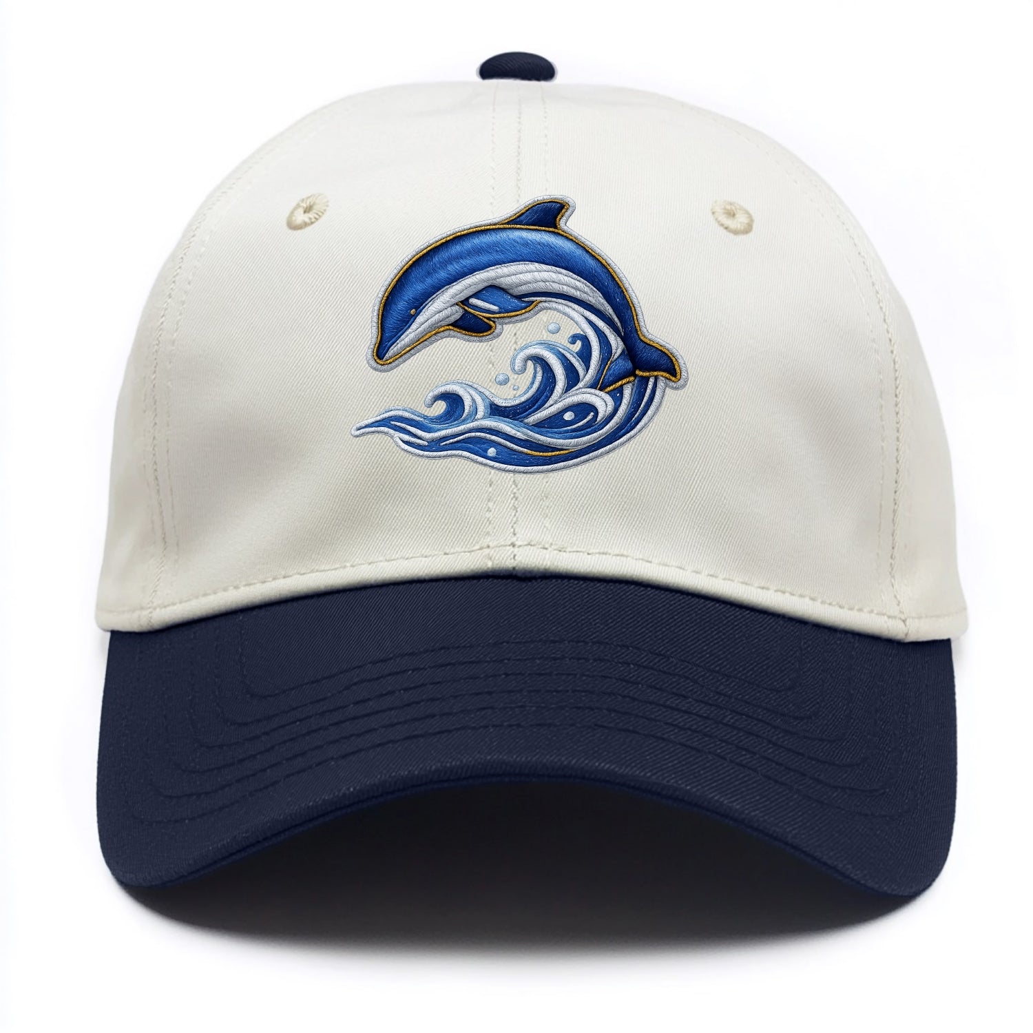 Embroidered patch design - SWIMMING DOLPHIN - diving dolphin with waves in blue and - Two Tone Cap - Navy
