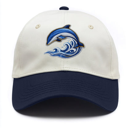 Embroidered patch design - SWIMMING DOLPHIN - diving dolphin with waves in blue and - Two Tone Cap - Navy