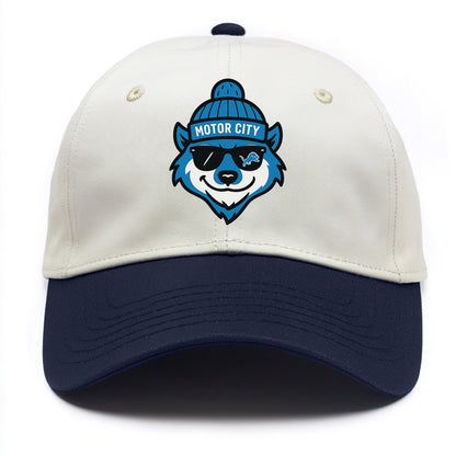 Motor City Wolverine wearing Lions beanie with gear patch and wayfarer sunglasses - Two Tone Cap - Navy