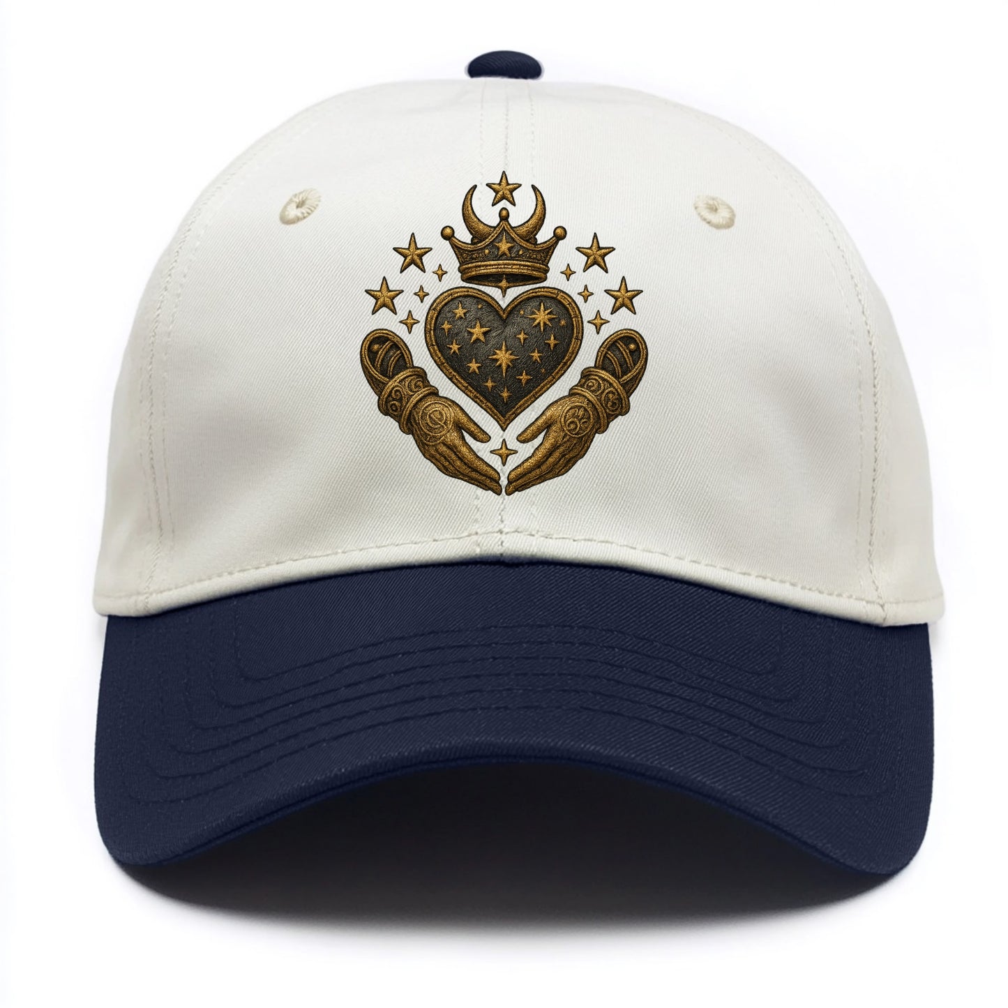 Weathered antique brass crown above a hammered gunmetal heart framed by ivy-woven - Two Tone Cap - Navy