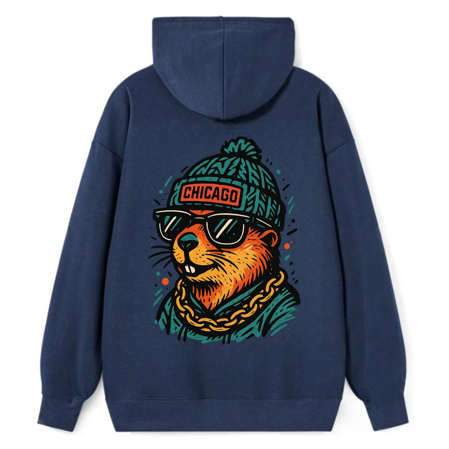 Illinois Prairie Dog wearing Chicago beanie with pom pom and wayfarer - Classic Pullover Hoodie - Navy