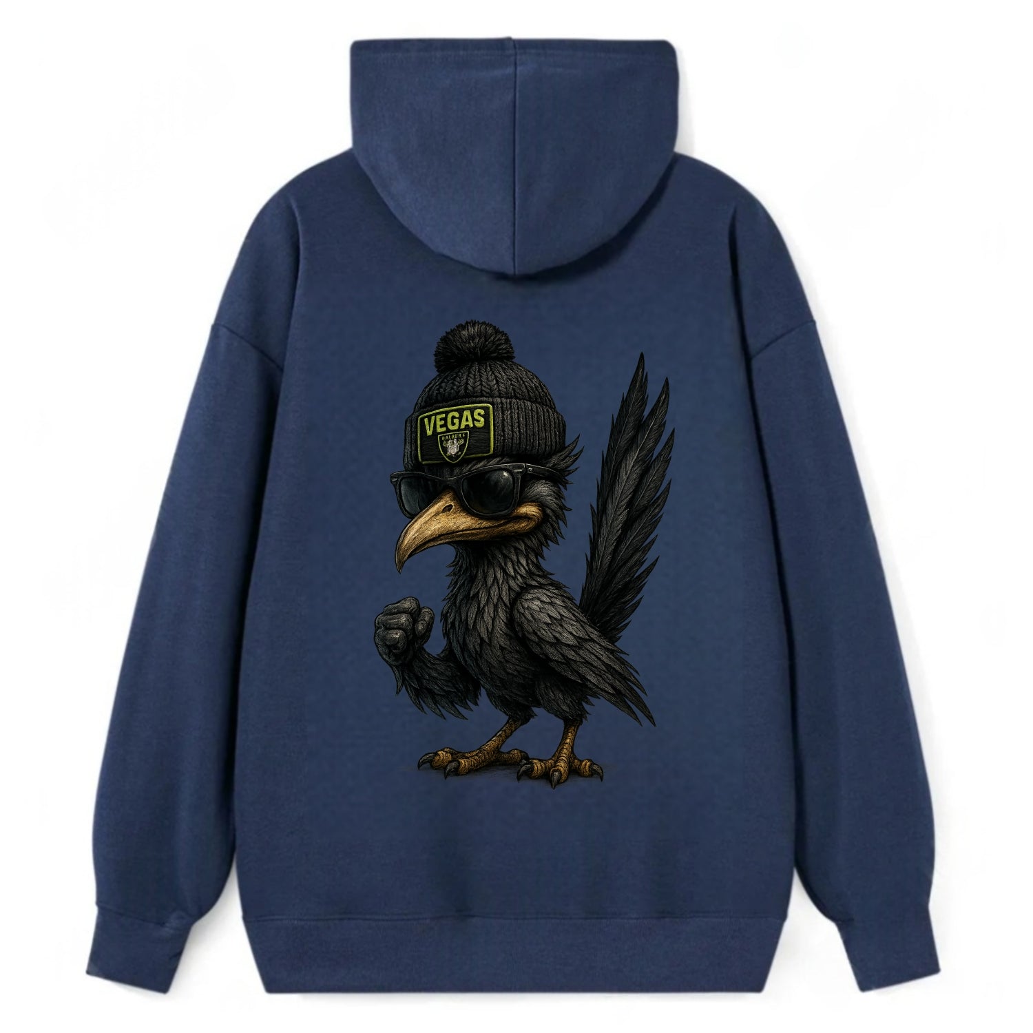 Vegas Roadrunner wearing Raiders beanie with neon patch and wayfarer - Classic Pullover Hoodie - Navy