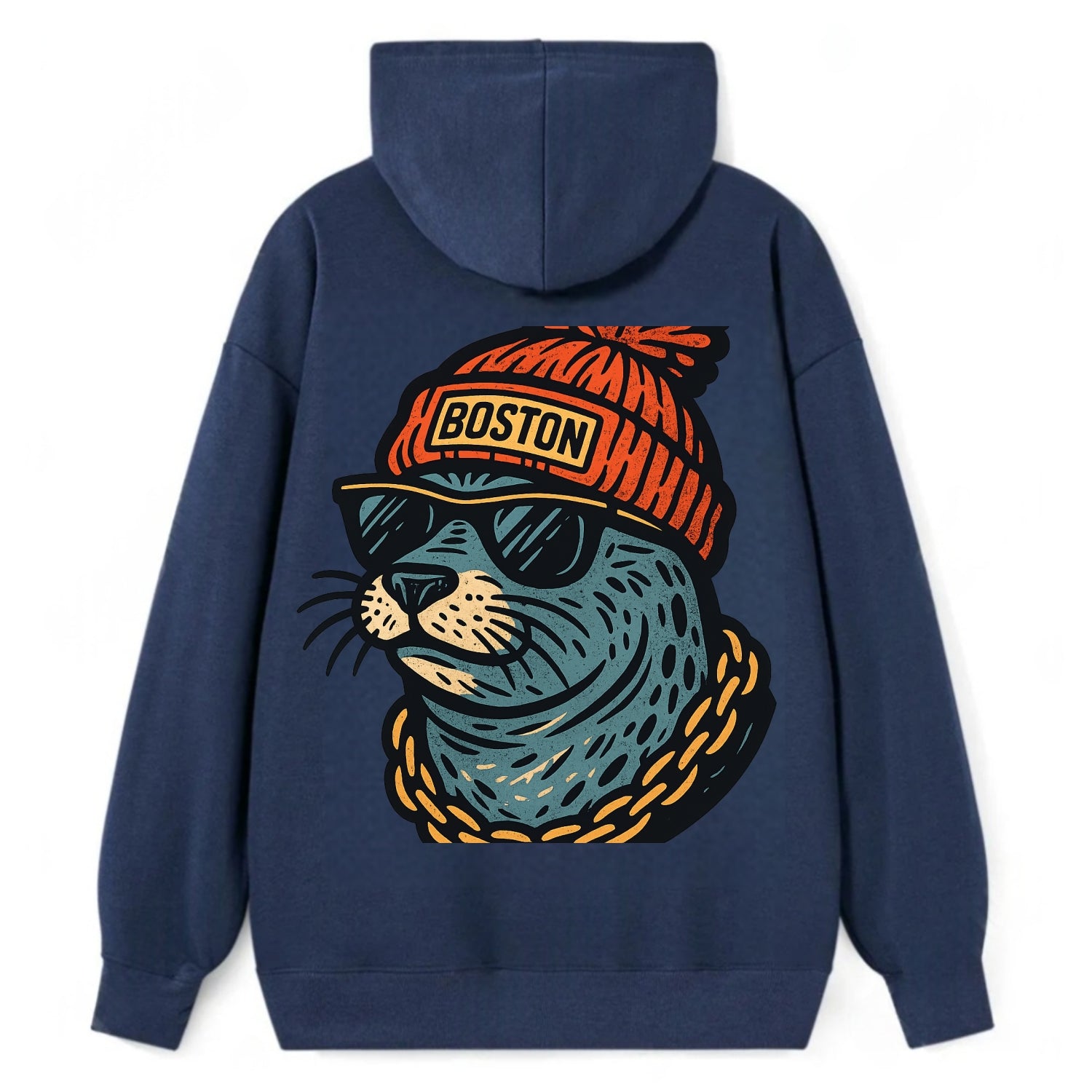 Boston Harbor Seal wearing Boston beanie with pom pom and wayfarer - Classic Pullover Hoodie - Navy