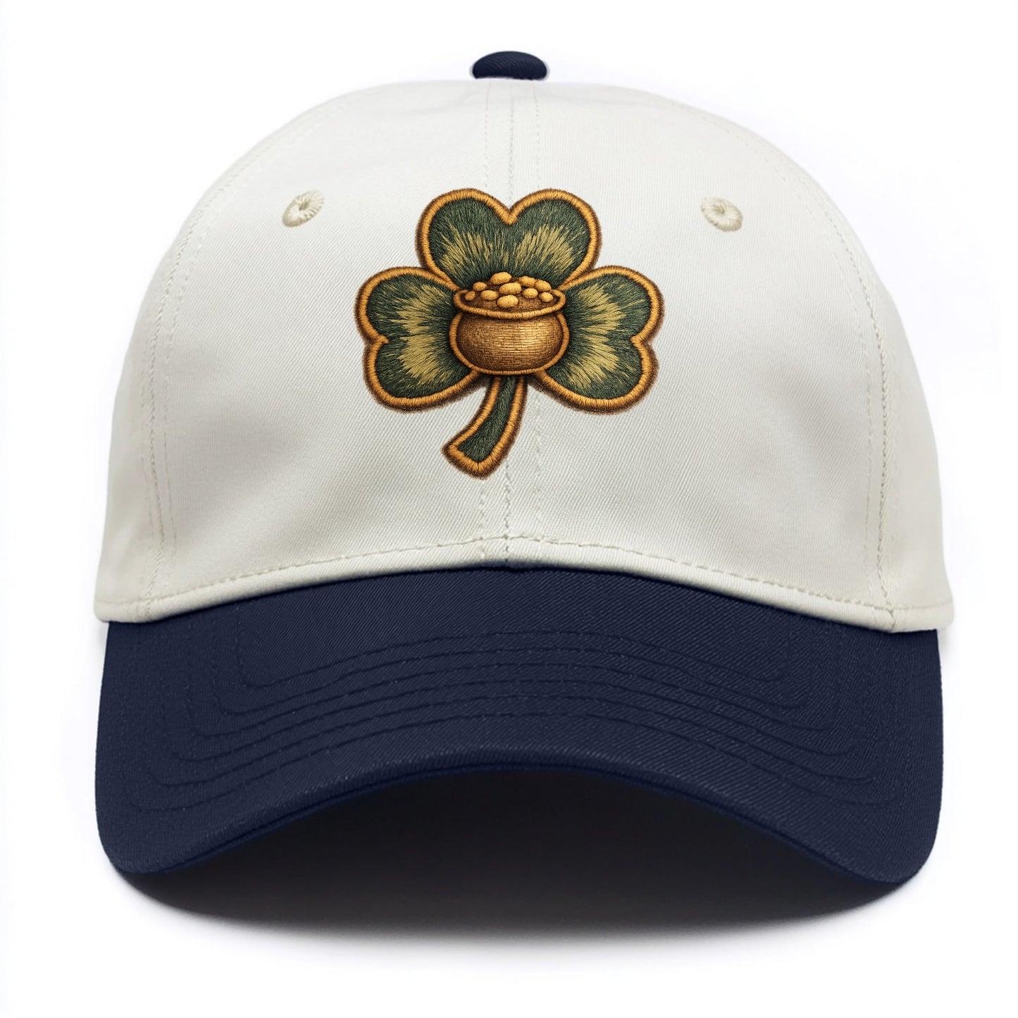 ST PATRICKS CLOVER - lucky clover with gold in green and gold , Irish luck - Two Tone Cap - Navy