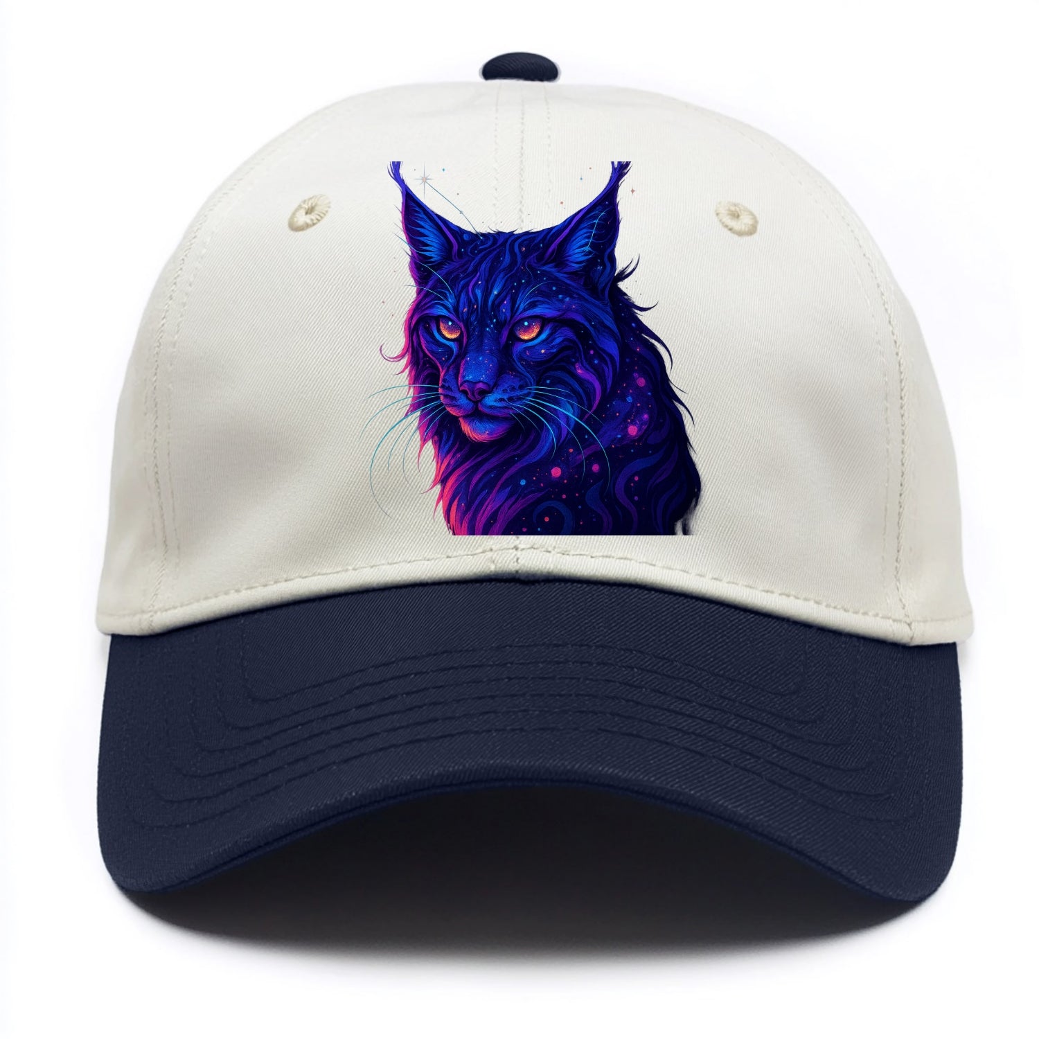 Stealthy lynx with ear tufts forming constellation patterns, nebula spots across the - Two Tone Cap - Navy
