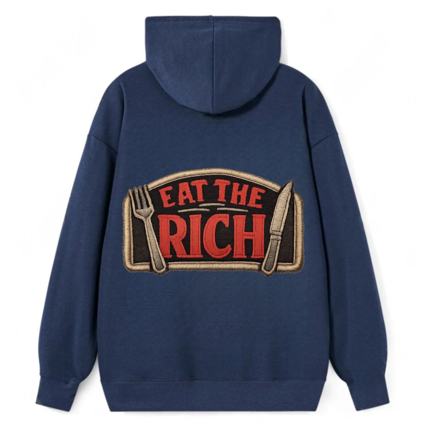 EAT THE RICH - fork and knife with text in red and silver , class war - Classic Pullover Hoodie - Navy