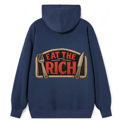 EAT THE RICH - fork and knife with text in red and silver , class war - Classic Pullover Hoodie - Navy