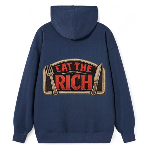 EAT THE RICH - fork and knife with text in red and silver , class war - Classic Pullover Hoodie