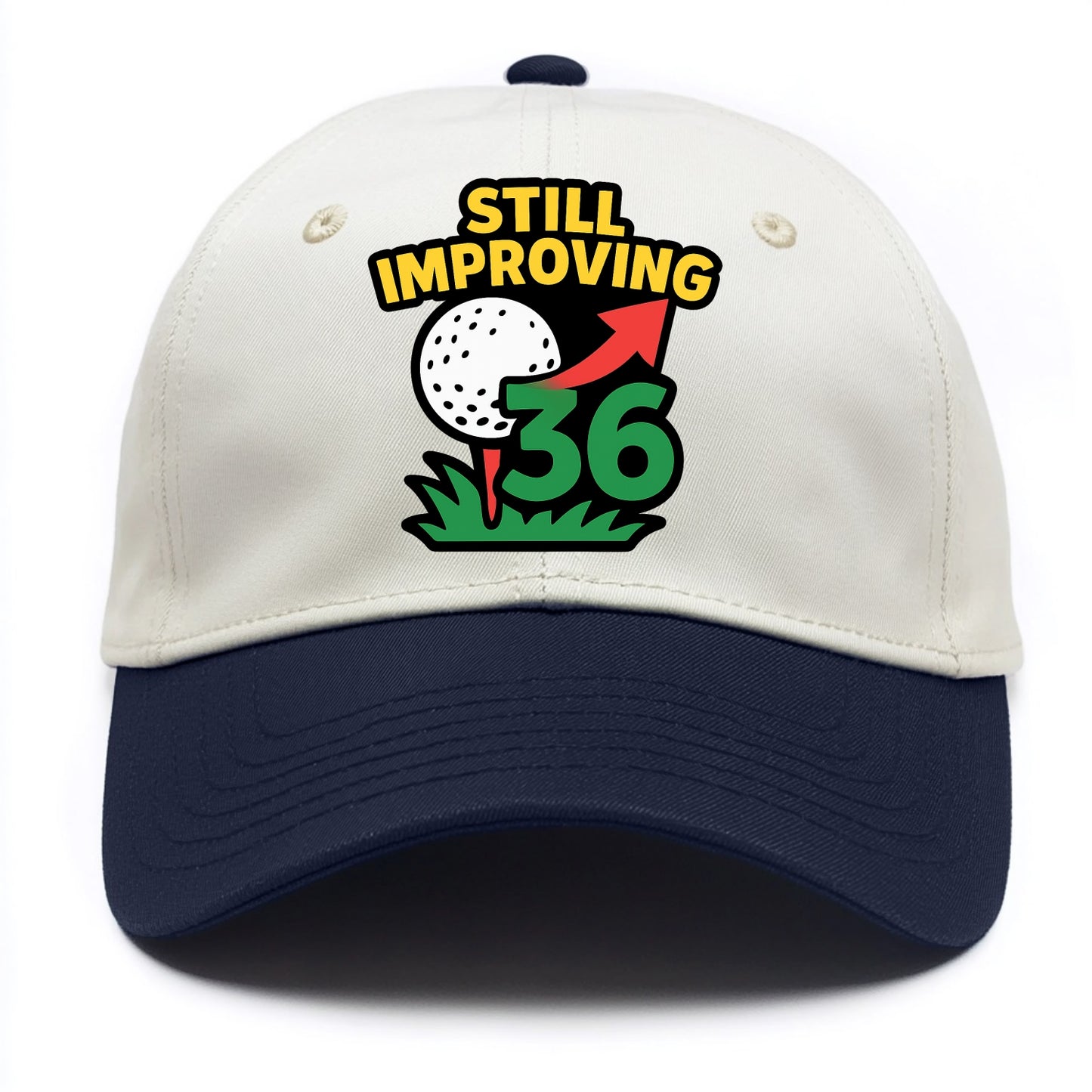 Handicap number getting higher with arrow - "Still Improving" - optimistic handicap - Two Tone Cap - Navy