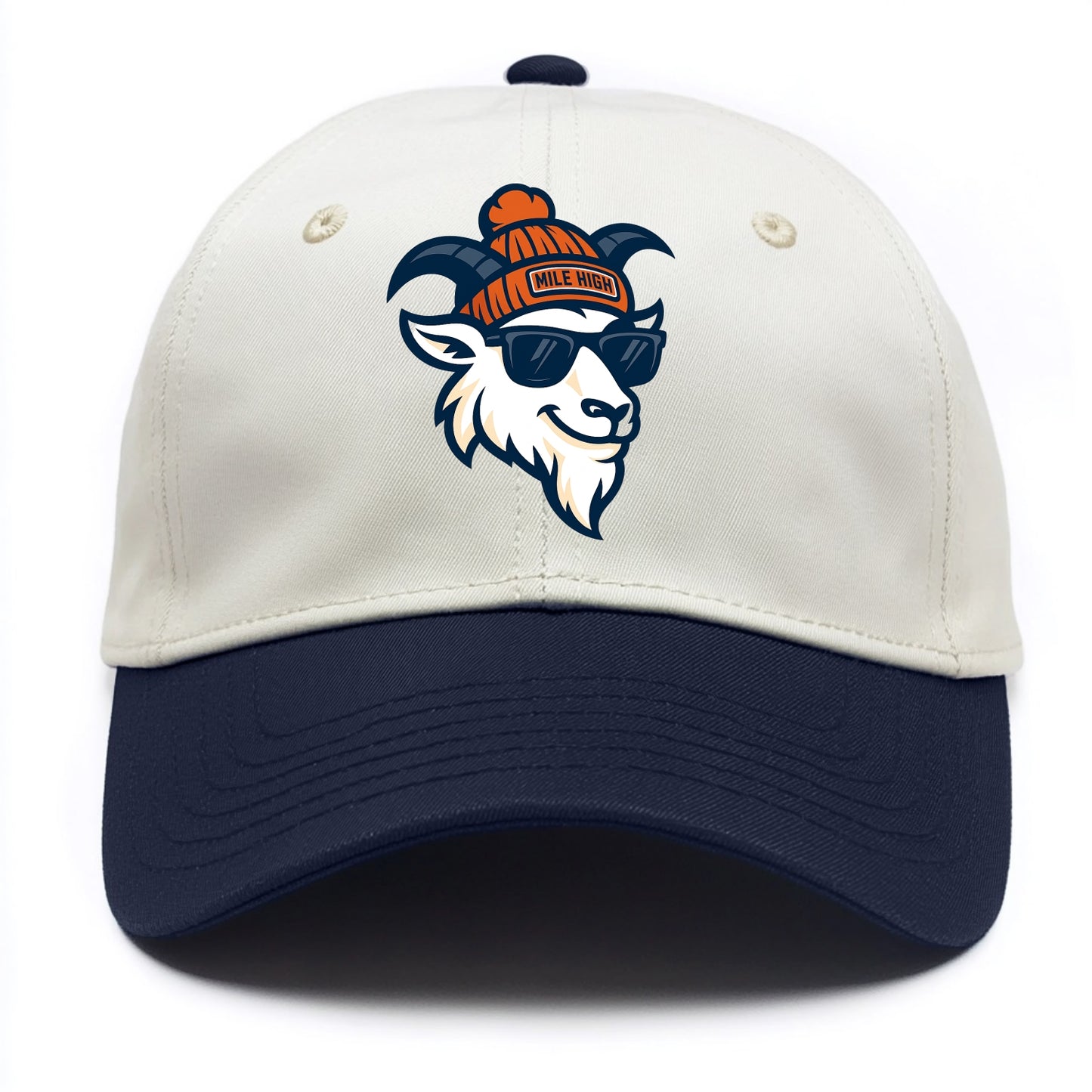 Denver Mountain Goat wearing Broncos beanie with Mile High patch and wayfarer - Two Tone Cap - Navy