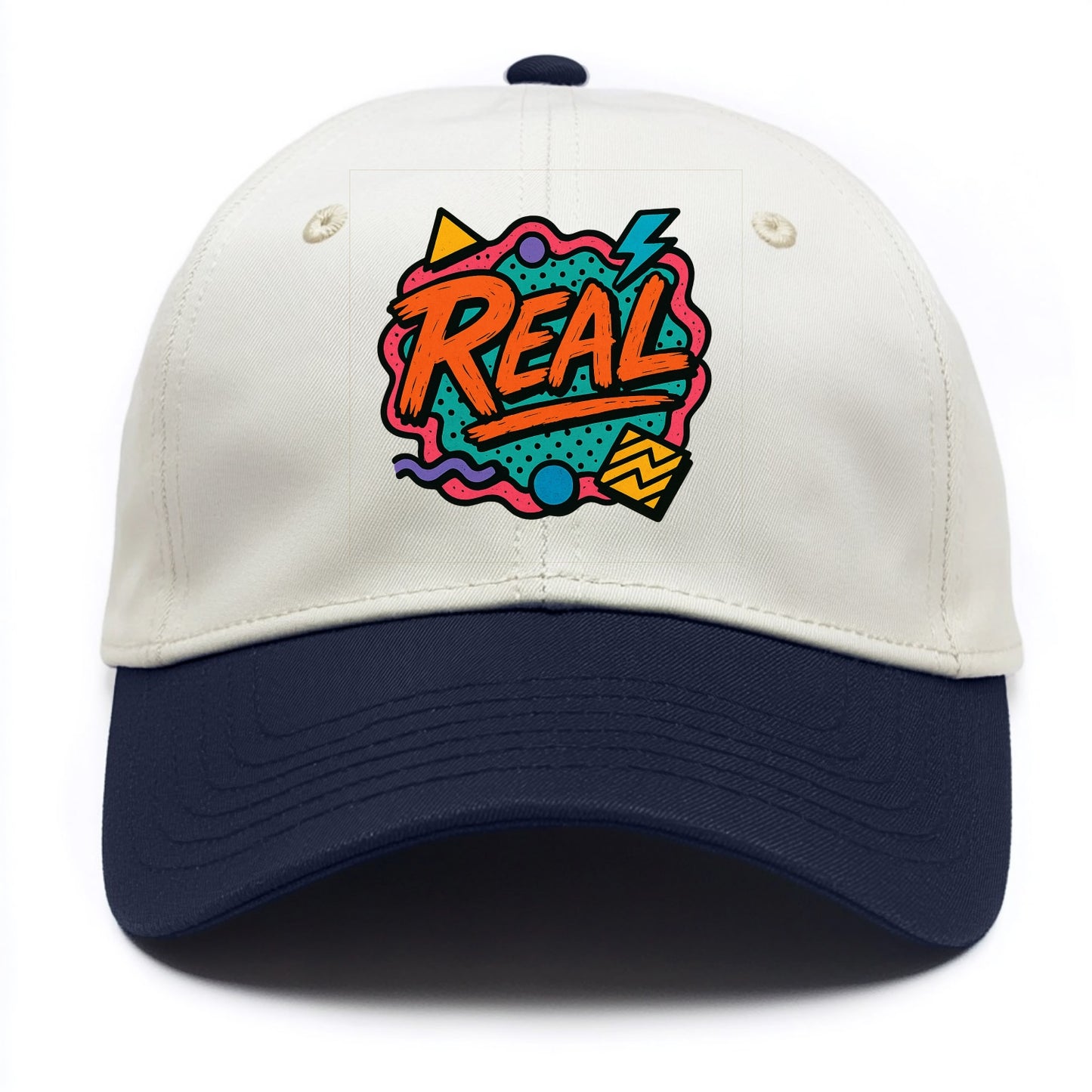 Imperfect brush strokes spelling "Real" - authenticity over perfection, raw and - Two Tone Cap - Navy