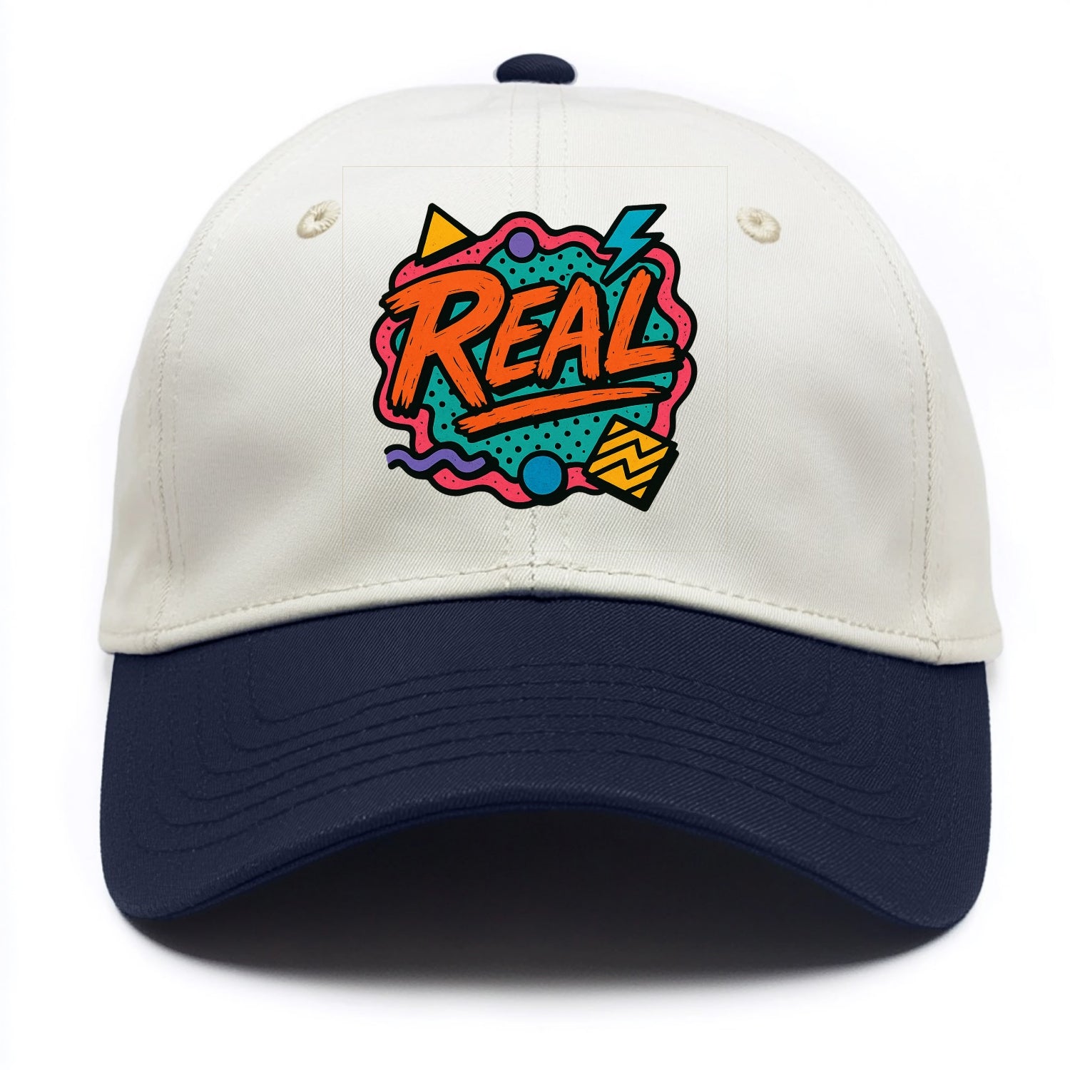 Imperfect brush strokes spelling "Real" - authenticity over perfection, raw and - Two Tone Cap - Navy