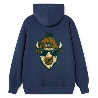 Kansas American Bison wearing Wichita beanie with pom pom and wayfarer - Classic Pullover Hoodie - Navy