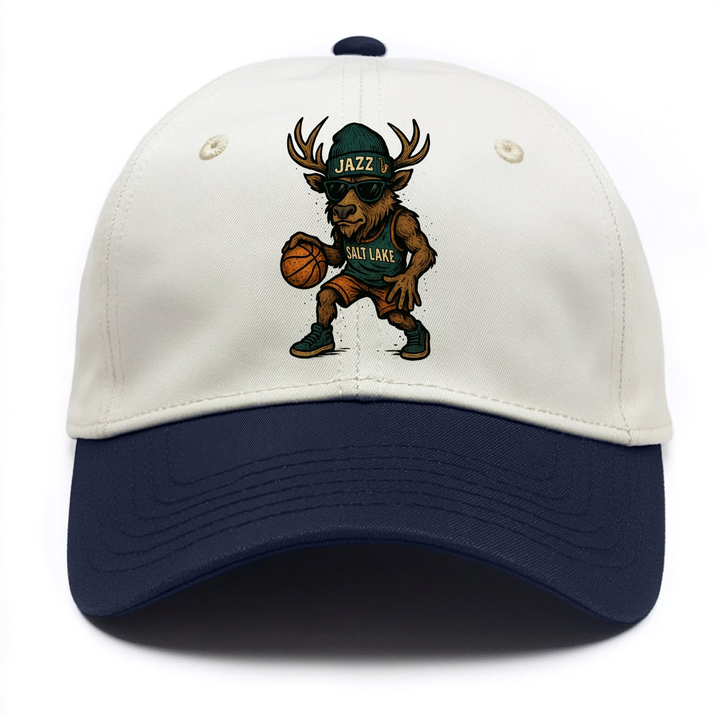 Salt Lake Elk wearing Jazz beanie with saxophone patch and wayfarer sunglasses - Two Tone Cap - Navy