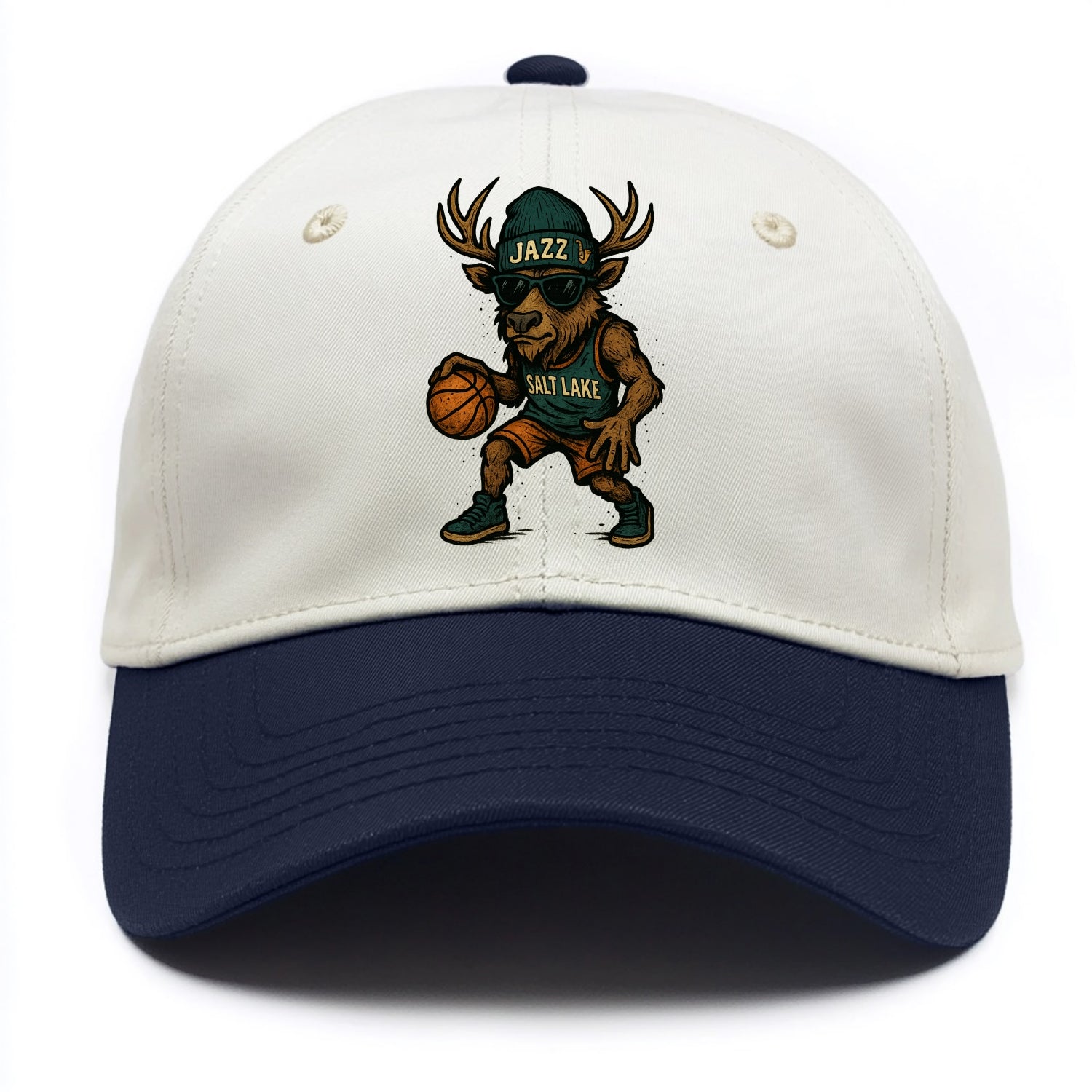 Salt Lake Elk wearing Jazz beanie with saxophone patch and wayfarer sunglasses - Two Tone Cap - Navy