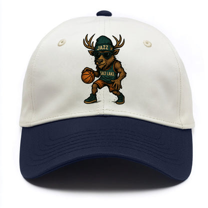 Salt Lake Elk wearing Jazz beanie with saxophone patch and wayfarer sunglasses - Two Tone Cap - Navy
