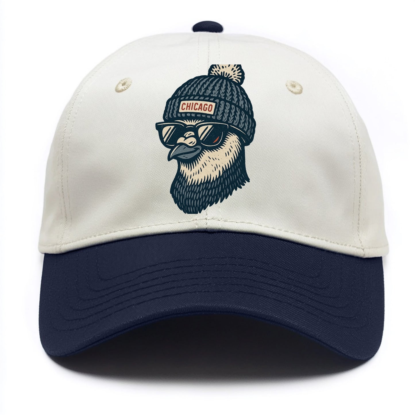 Chicago Pigeon wearing Chicago beanie with pom pom and wayfarer sunglasses - Two Tone Cap - Navy