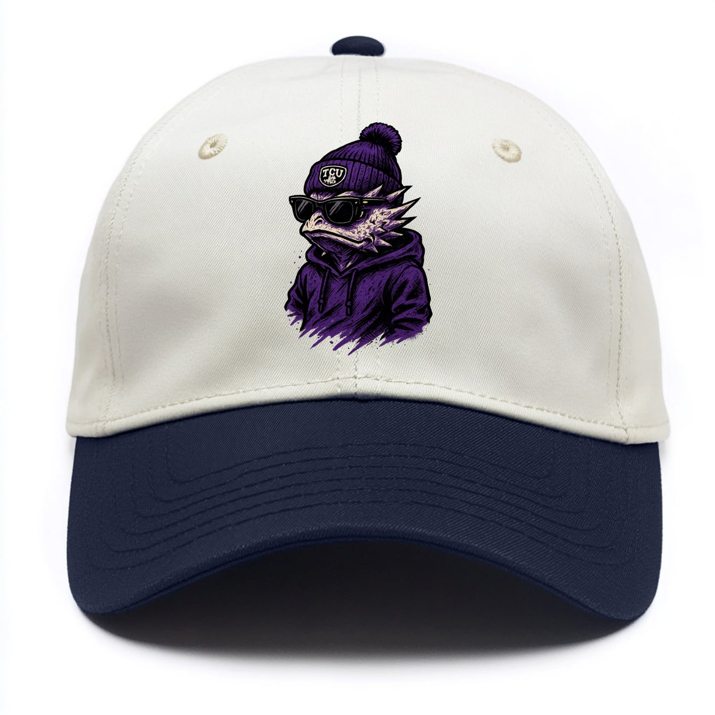 Fort Worth Horned Frog wearing TCU beanie with frog patch - Two Tone Cap - Navy