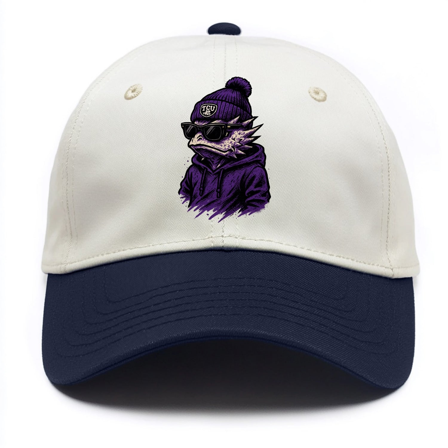 Fort Worth Horned Frog wearing TCU beanie with frog patch - Two Tone Cap - Navy