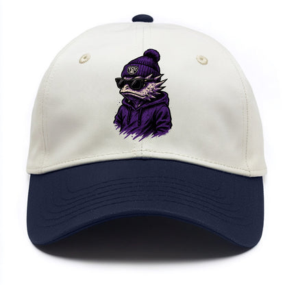 Fort Worth Horned Frog wearing TCU beanie with frog patch - Two Tone Cap - Navy