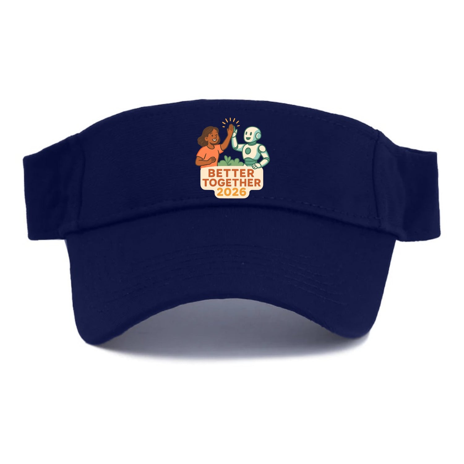 Human and AI robot high-fiving as collaborative partners - "Better Together 2026" - - Visor - Navy