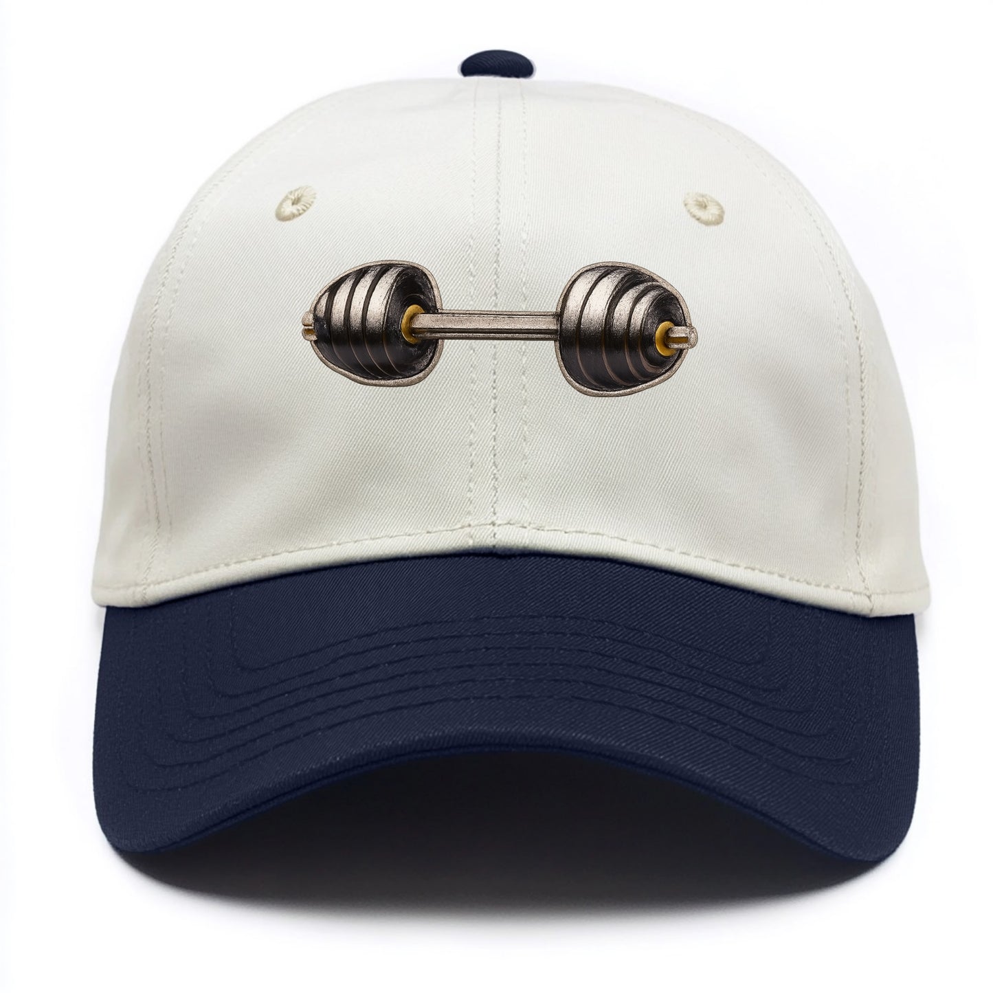 Embroidered patch design - WEIGHTLIFTING BARBELL - heavy barbell with plates in - Two Tone Cap - Navy