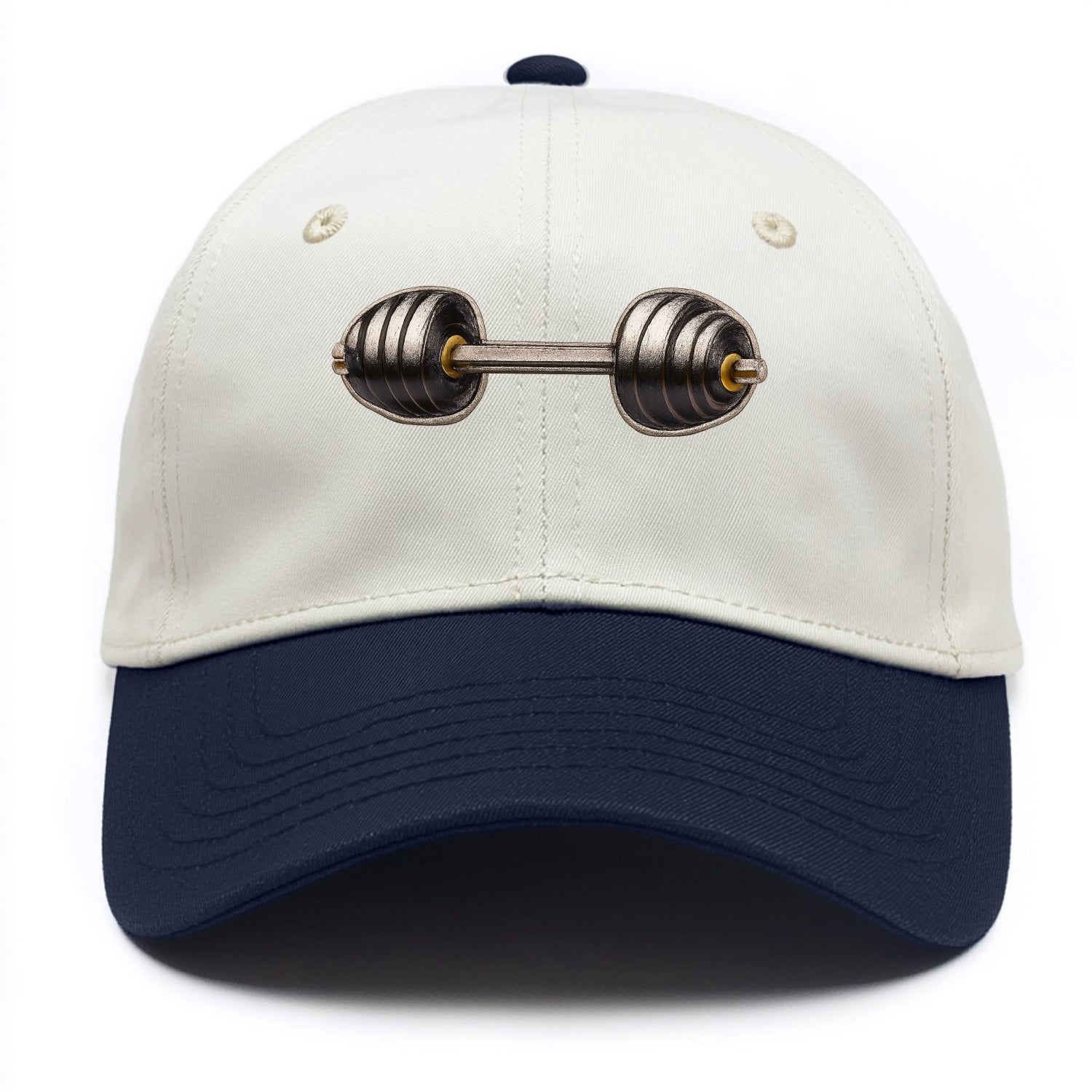 Embroidered patch design - WEIGHTLIFTING BARBELL - heavy barbell with plates in - Two Tone Cap - Navy