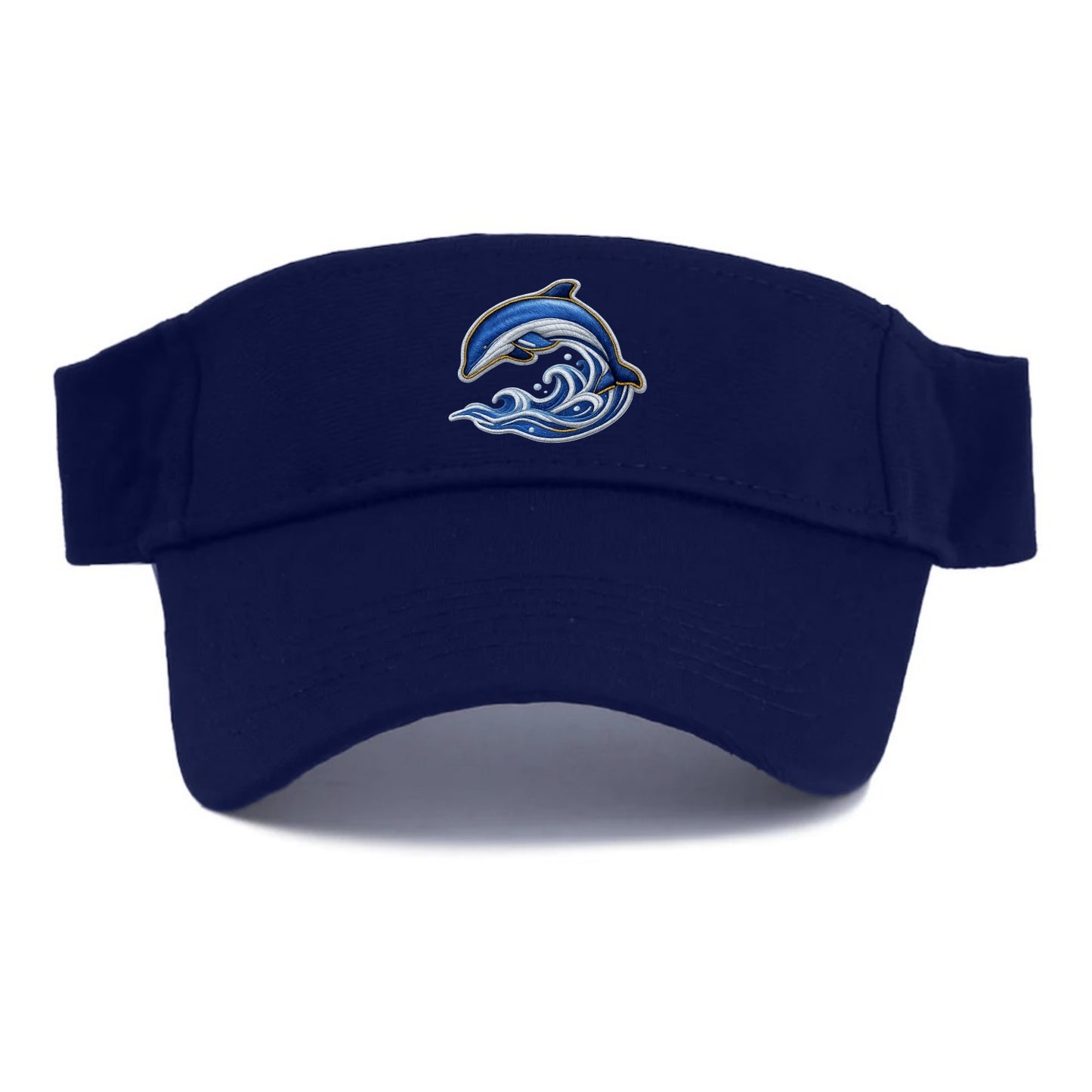 Embroidered patch design - SWIMMING DOLPHIN - diving dolphin with waves in blue and silver - Visor - Navy