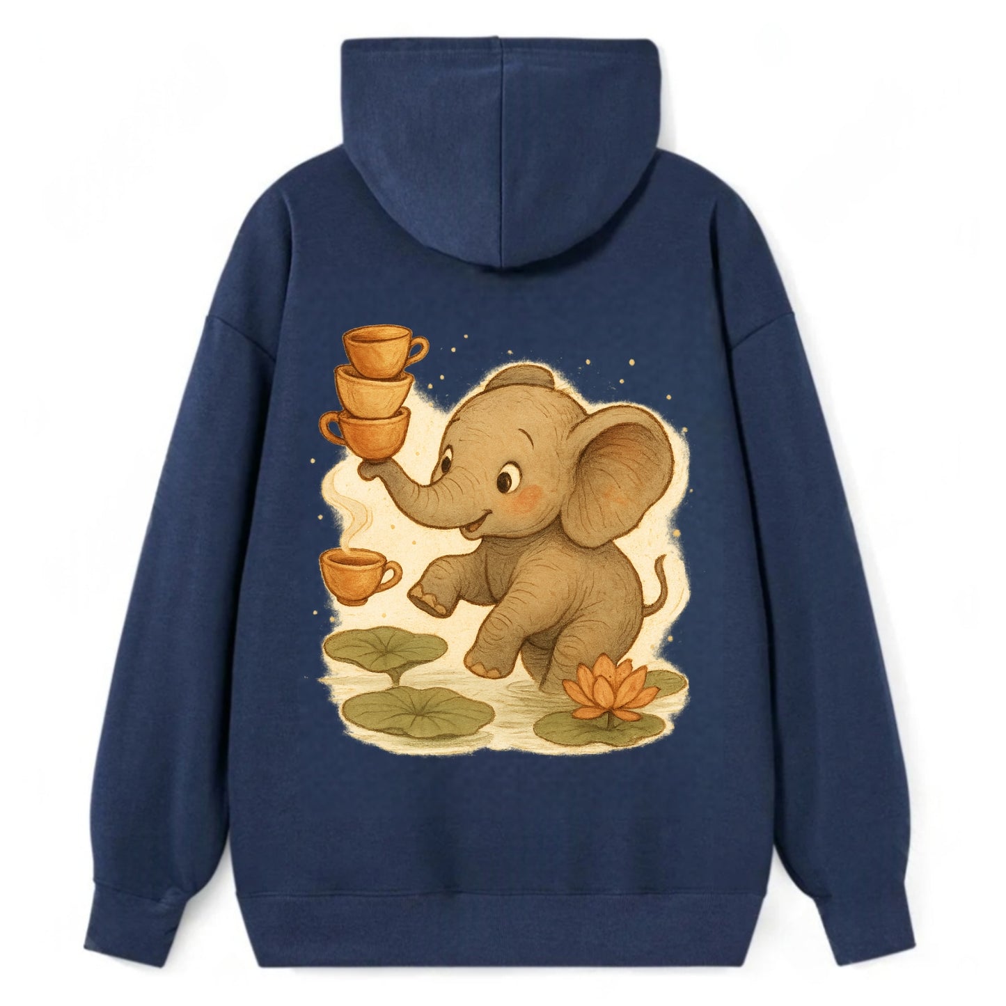 Elephant balancing teacups during a floating tea ceremony beside lotus - Classic Pullover Hoodie - Navy