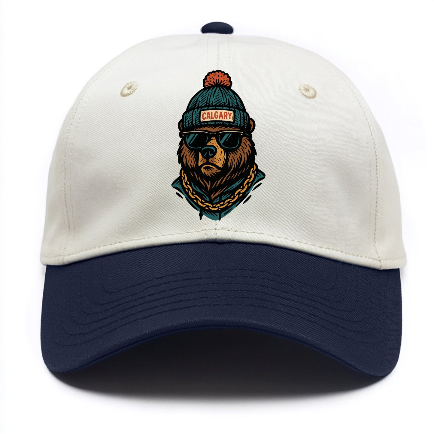 Calgary Grizzly Bear wearing Calgary beanie with pom pom and wayfarer sunglasses - Two Tone Cap - Navy