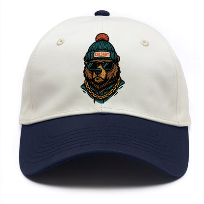 Calgary Grizzly Bear wearing Calgary beanie with pom pom and wayfarer sunglasses - Two Tone Cap - Navy