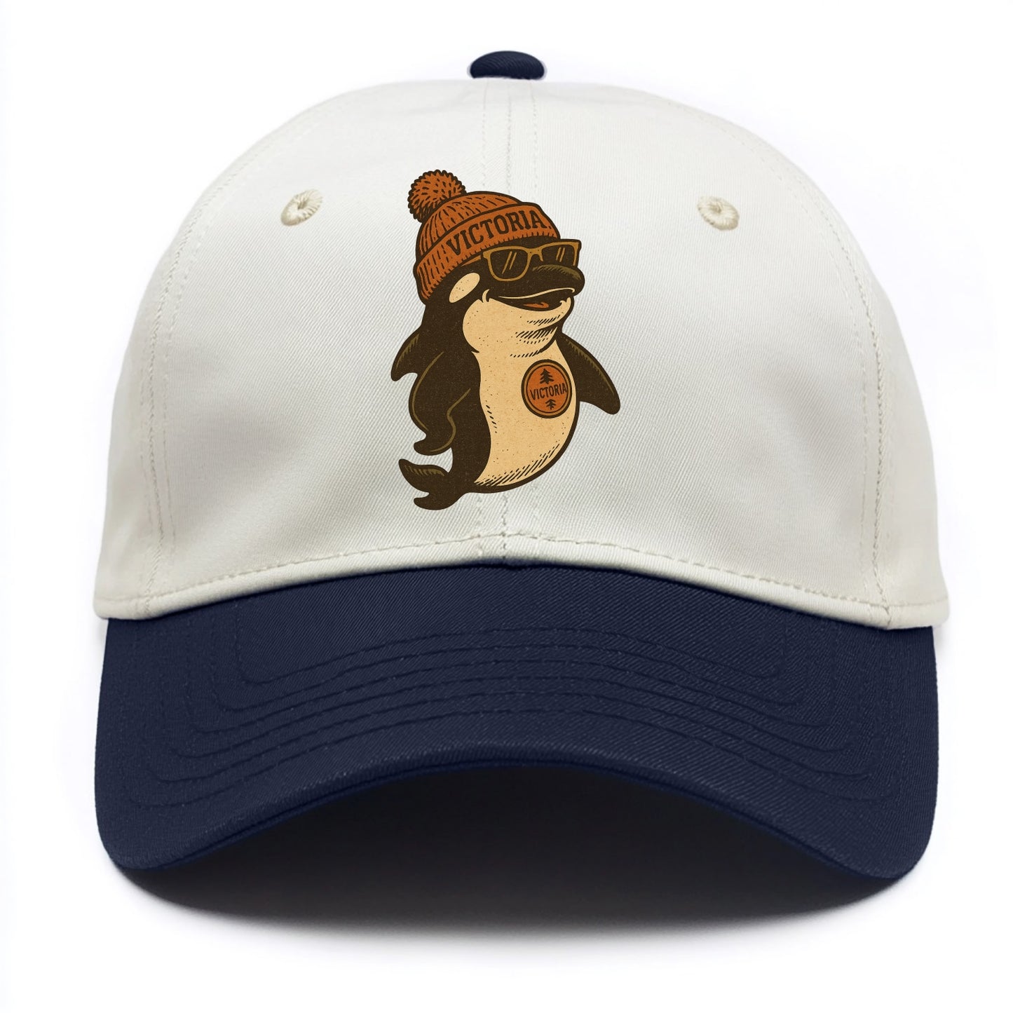 Victoria Orca wearing Victoria beanie with pom pom and wayfarer sunglasses - Two Tone Cap - Navy