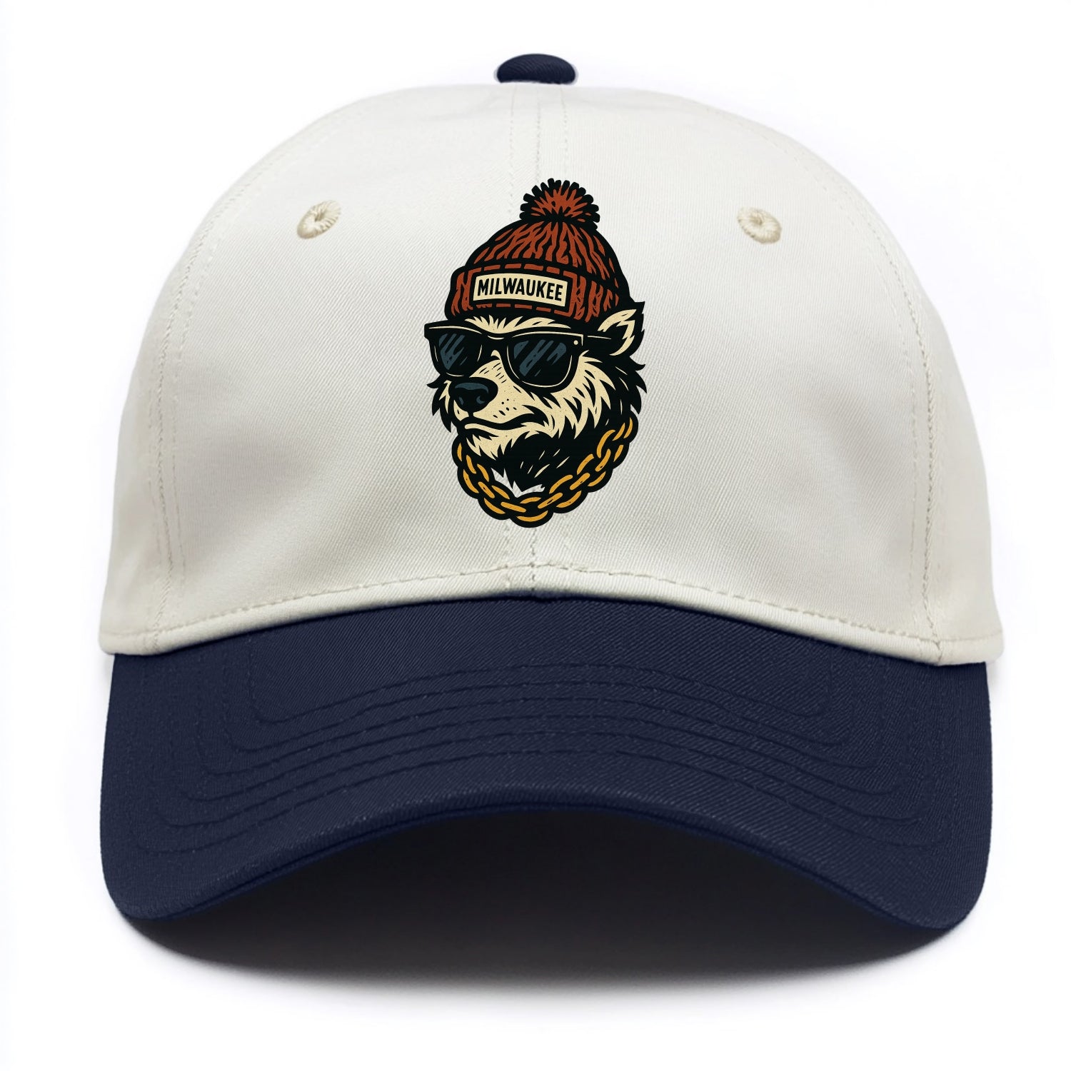 Milwaukee Badger wearing Milwaukee beanie with pom pom and wayfarer sunglasses - Two Tone Cap - Navy