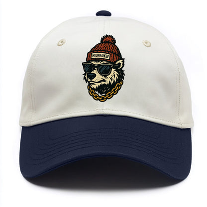 Milwaukee Badger wearing Milwaukee beanie with pom pom and wayfarer sunglasses - Two Tone Cap - Navy