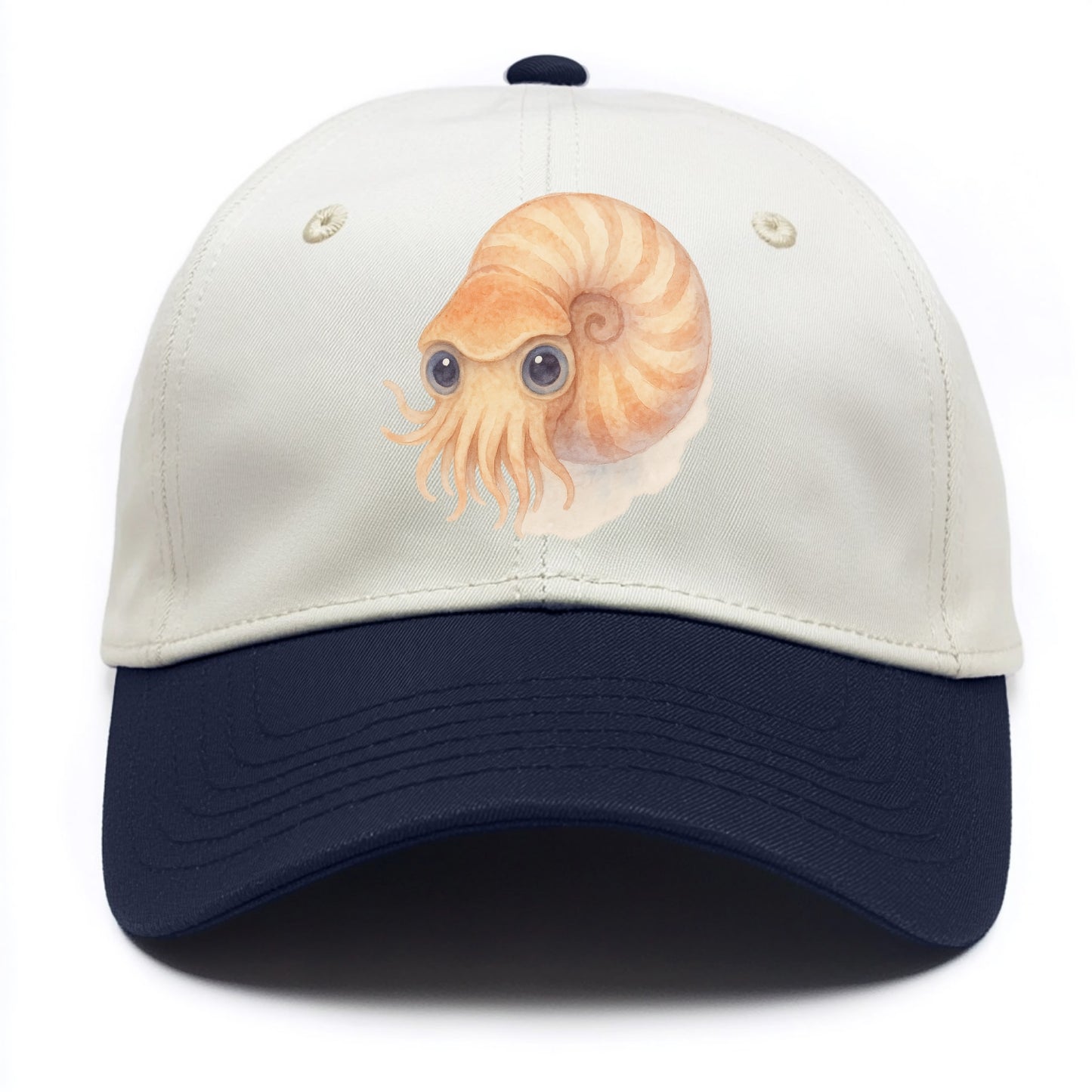 Baby Nautilus - spiral shell, tentacles peeking, ancient eyes, front-facing, living - Two Tone Cap - Navy
