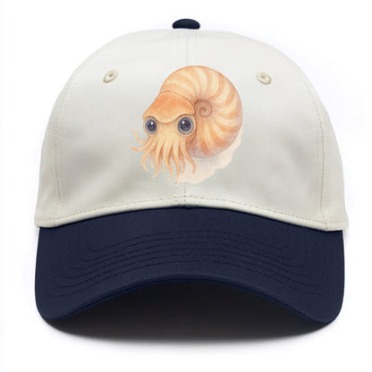 Baby Nautilus - spiral shell, tentacles peeking, ancient eyes, front-facing, living - Two Tone Cap - Navy