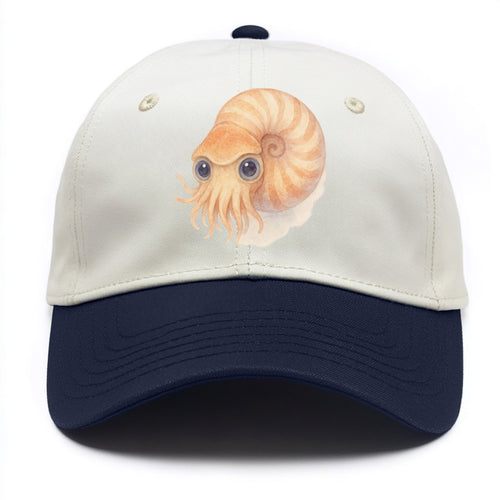 Baby Nautilus - spiral shell, tentacles peeking, ancient eyes, front-facing, living - Two Tone Cap