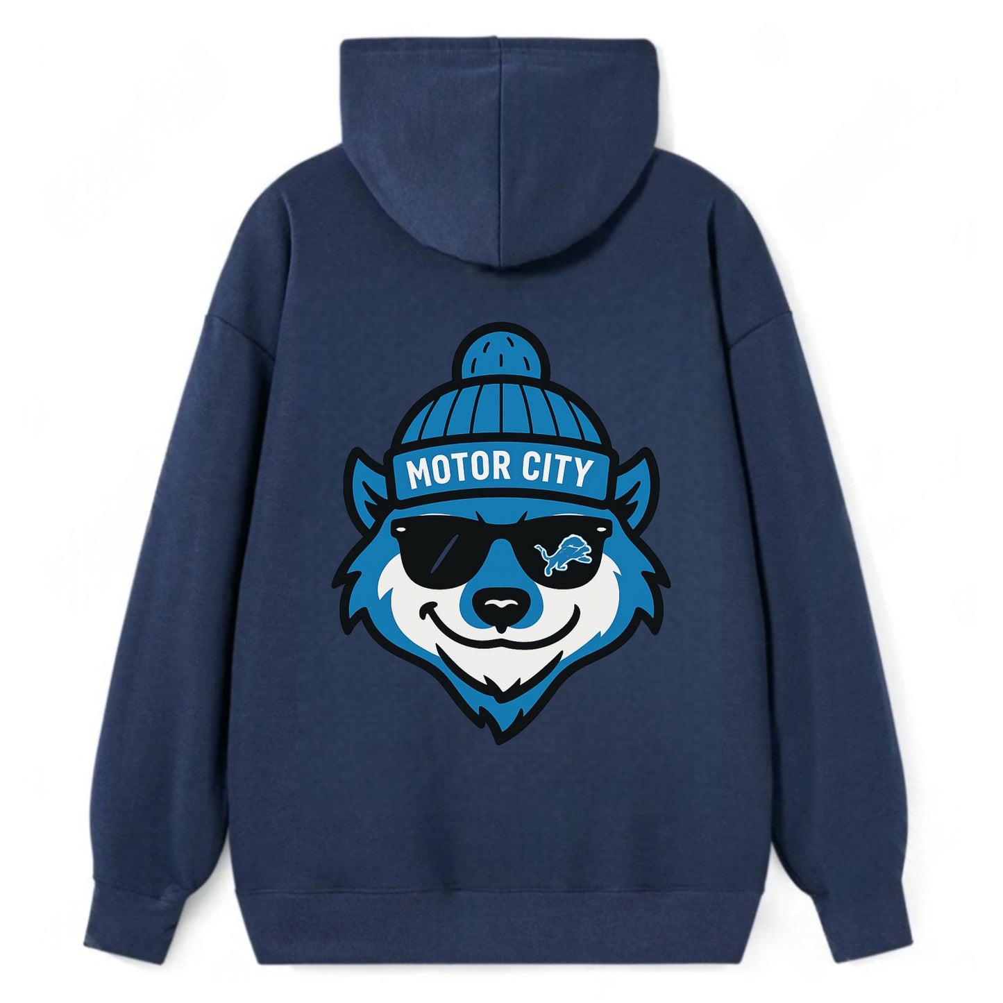 Motor City Wolverine wearing Lions beanie with gear patch and wayfarer - Classic Pullover Hoodie - Navy