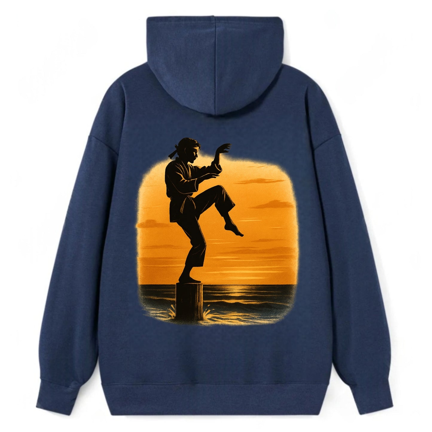 karate crane kick pose on wooden post at beach sunset - Classic Pullover Hoodie - Navy
