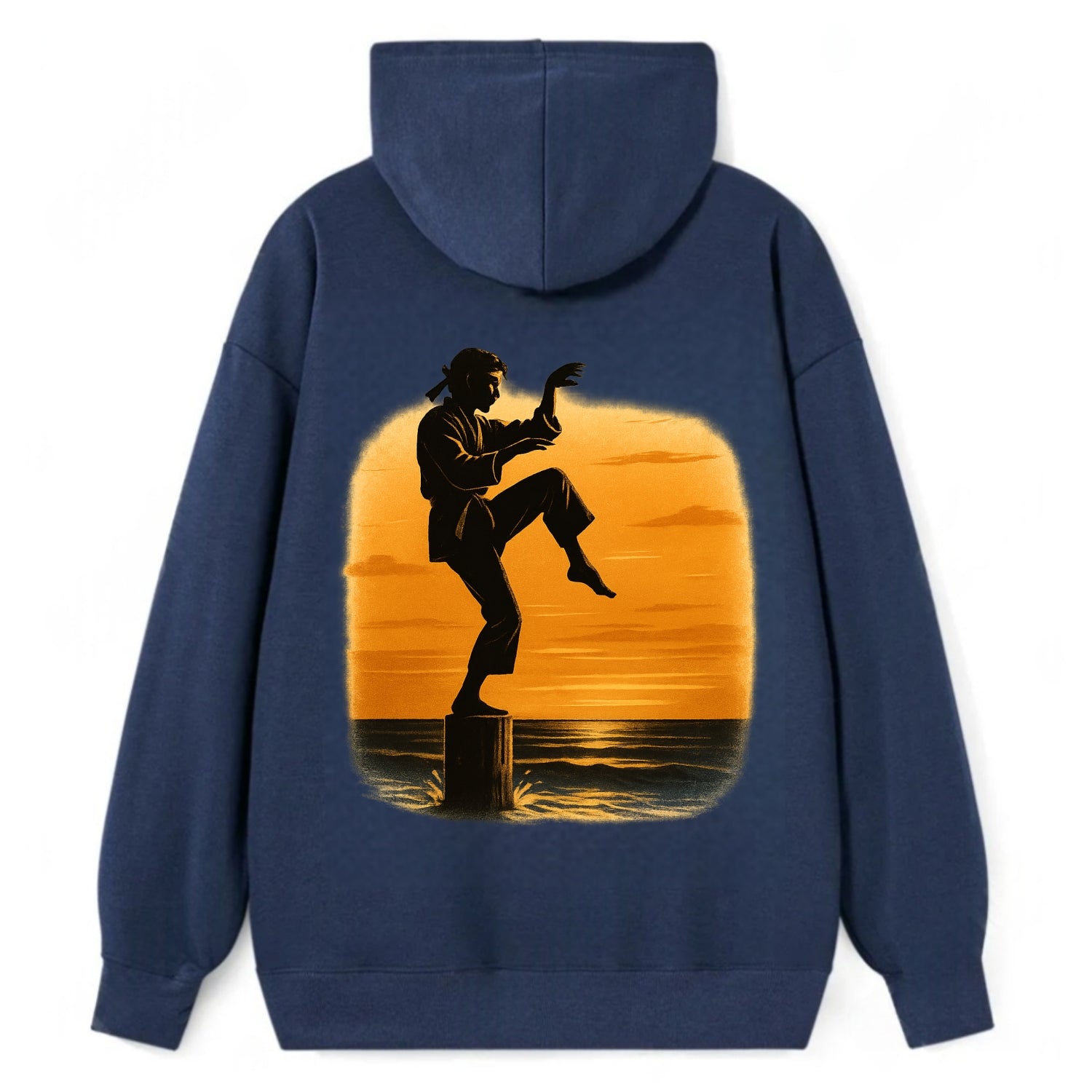 karate crane kick pose on wooden post at beach sunset - Classic Pullover Hoodie - Navy