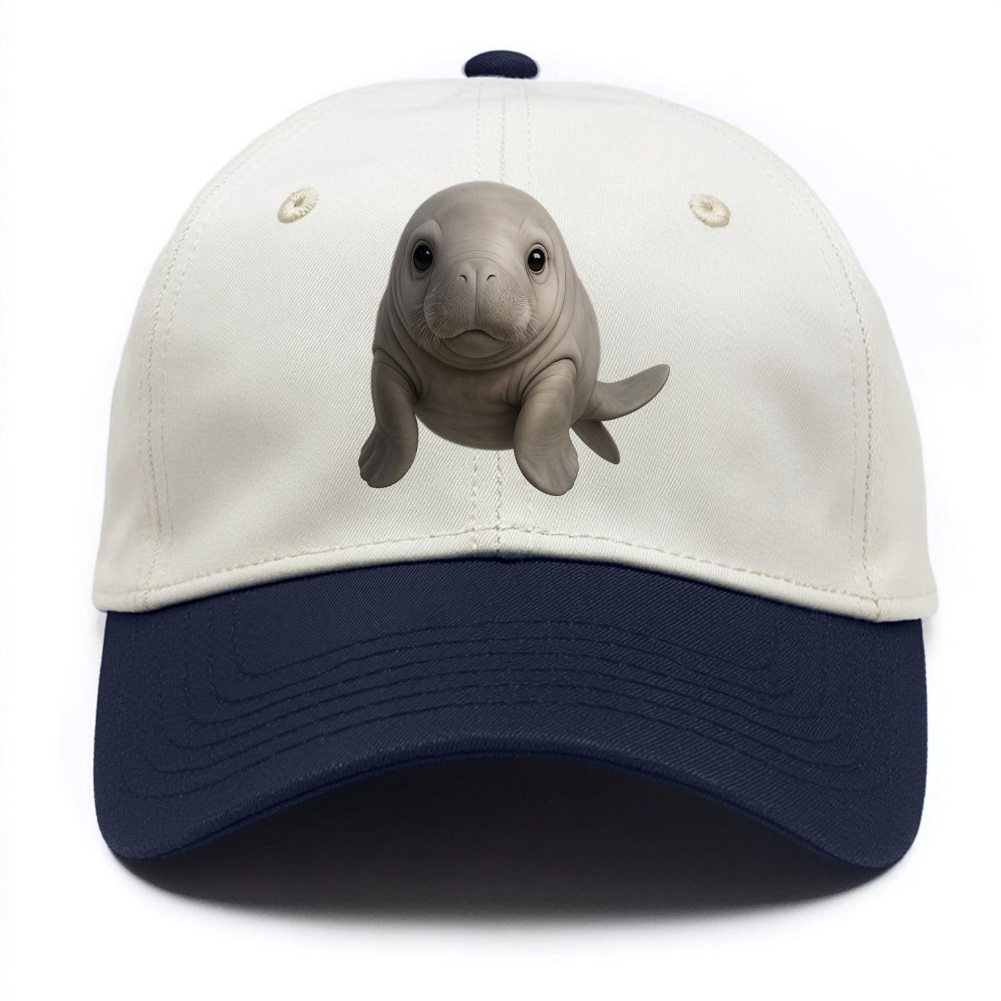 Baby Dugong - gray with paddle tail, gentle expression, whiskers, front-facing, sweet - Two Tone Cap - Navy