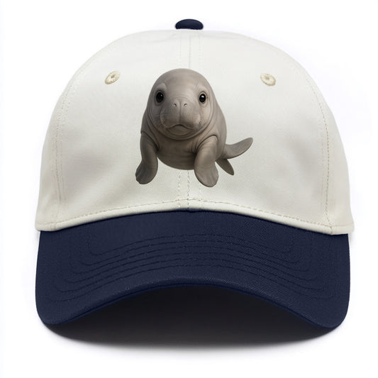 Baby Dugong - gray with paddle tail, gentle expression, whiskers, front-facing, sweet - Two Tone Cap - Navy