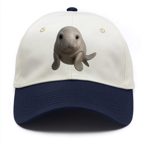 Baby Dugong - gray with paddle tail, gentle expression, whiskers, front-facing, sweet - Two Tone Cap