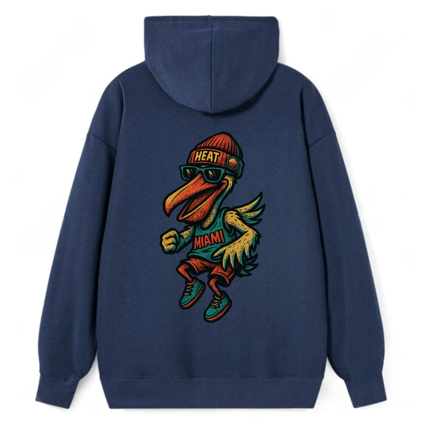 Miami Pelican wearing Heat beanie with sunset patch and wayfarer - Classic Pullover Hoodie - Navy