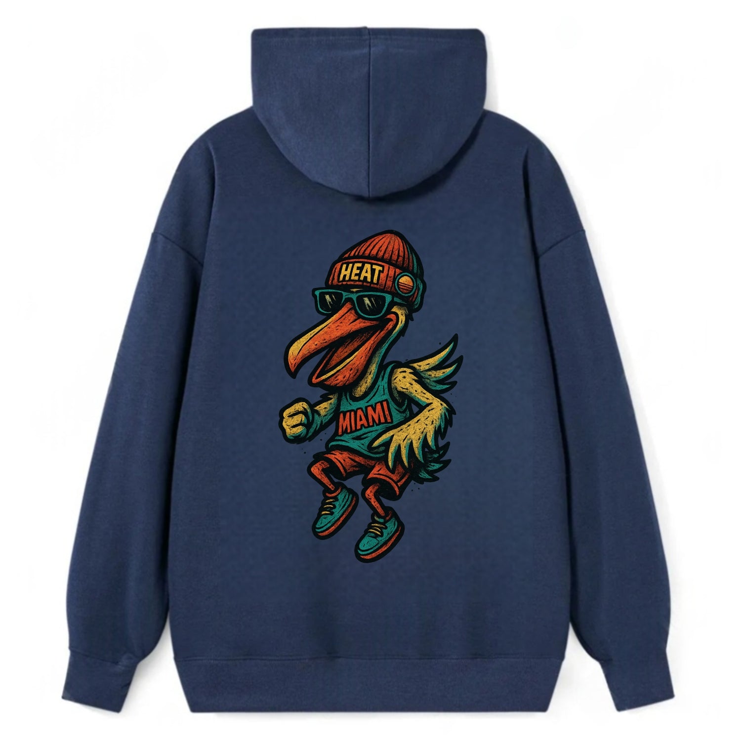 Miami Pelican wearing Heat beanie with sunset patch and wayfarer - Classic Pullover Hoodie - Navy