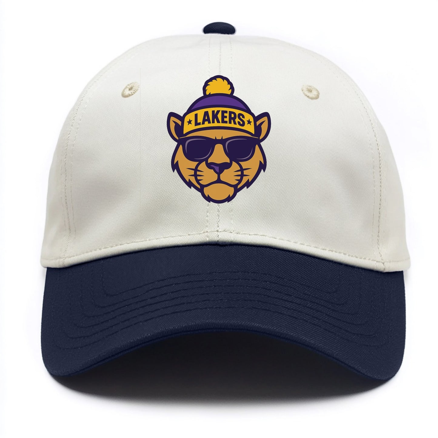 LA Mountain Lion wearing Lakers purple and gold beanie with championship stars and - Two Tone Cap - Navy
